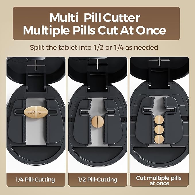Adjustable Pill Cutter Splitter for Small and Tiny Pills, 1/2 1/4 Pill Splitter for Small Pills Vitamins Tablets, Accurate Alignment & Easy Cutting, Hidden Sharp Blade, Bottom Storage (Black)