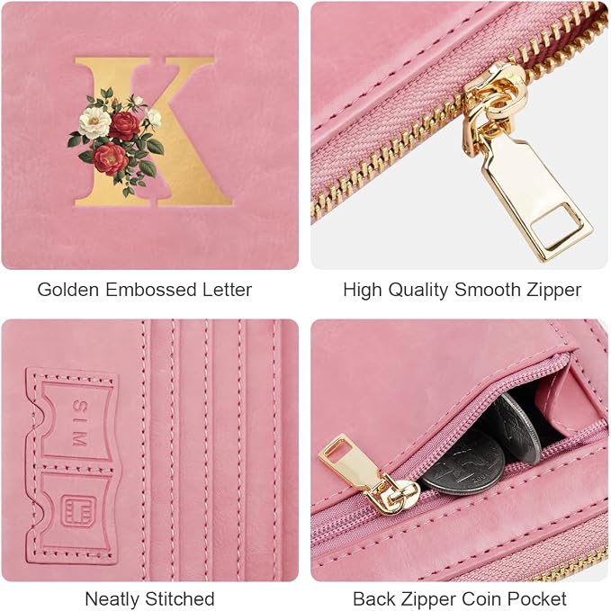 Passport Holder for Travel Personalized Wallet with Wristlet Women | All-in-One Passport Cover, RFID Blocking, Back Coin Pocket, Paper Money Slot, Zipper Closure, Roses Initial Letter, Pink K
