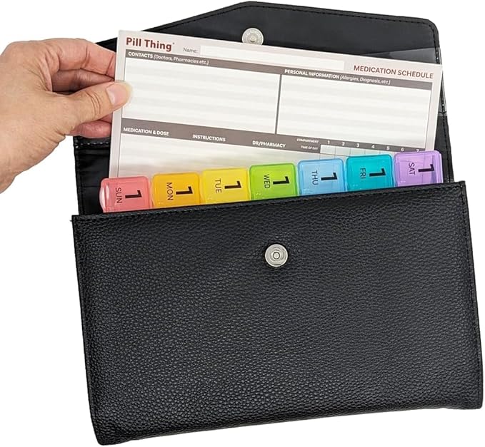 Weekly Pill Organizer Case, 7 Compartments, Pebble Grain Faux Leather, Magnetic Snap, Medication Schedule Card (7X a Day Weekly with Wallet)