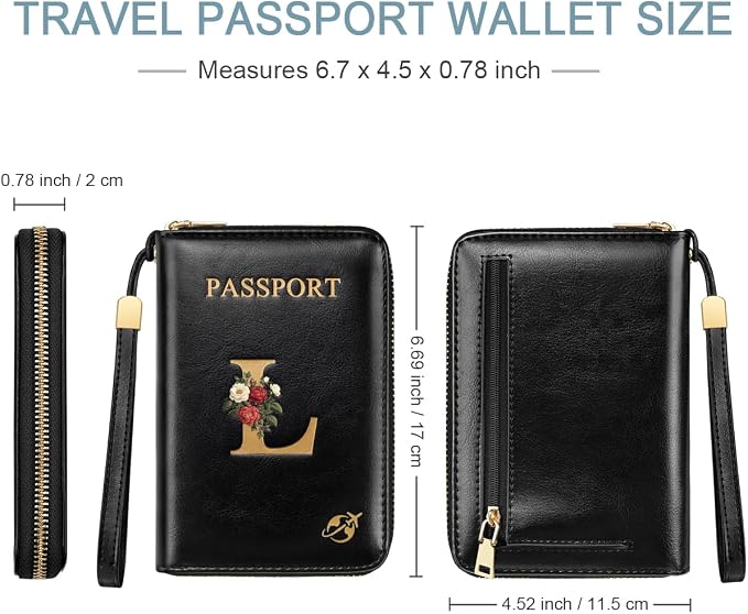 Passport Holder for Travel Personalized Wallet with Wristlet Women | Passport Cover, RFID Blocking, Passport Book Holders, Back Coin Pocket, Zipper Closure, Roses Initial Letter, Black L