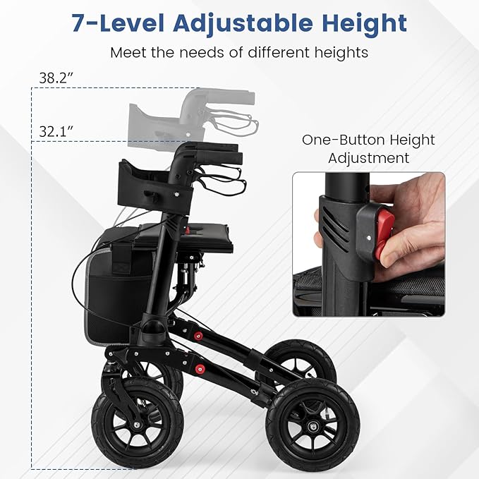 Goplus Walkers for Seniors with Seat, 2 in 1 Folding Rolling Rollator Walker with 9" Pneumatic Tires for All Terrain, Height Adjustment, Ergonomic Backrest, Aluminum Adult Mobility Walking Aid