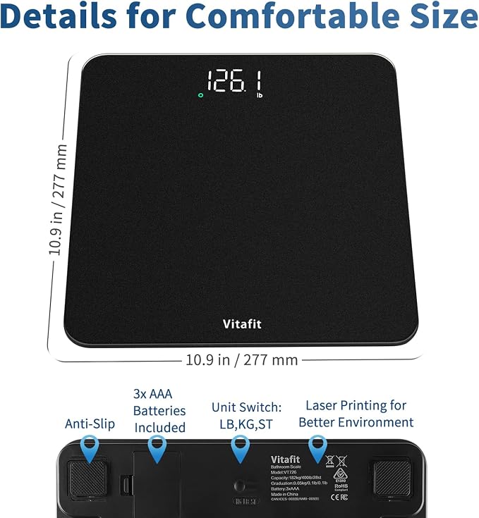 Vitafit Scale for Body Weight, Accuracy 0.1lb by Our Professional Scale Factory Since 2001, Digital Bathroom Weight Scale LED and Step On, 3xAAA Battery Included, 400lb/182kg, Spray Silver Black