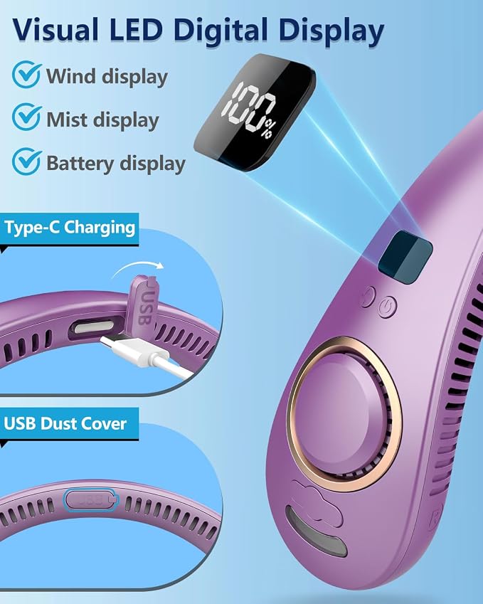 Neck Fans Portable Rechargeable Personal Misting Fan,Fold Up Compact Necklace Fan with Mist,Soundless Powerful Mobile Body Air Cooler with Digital LED Display, Presents for Adults Kids Elderly Purple