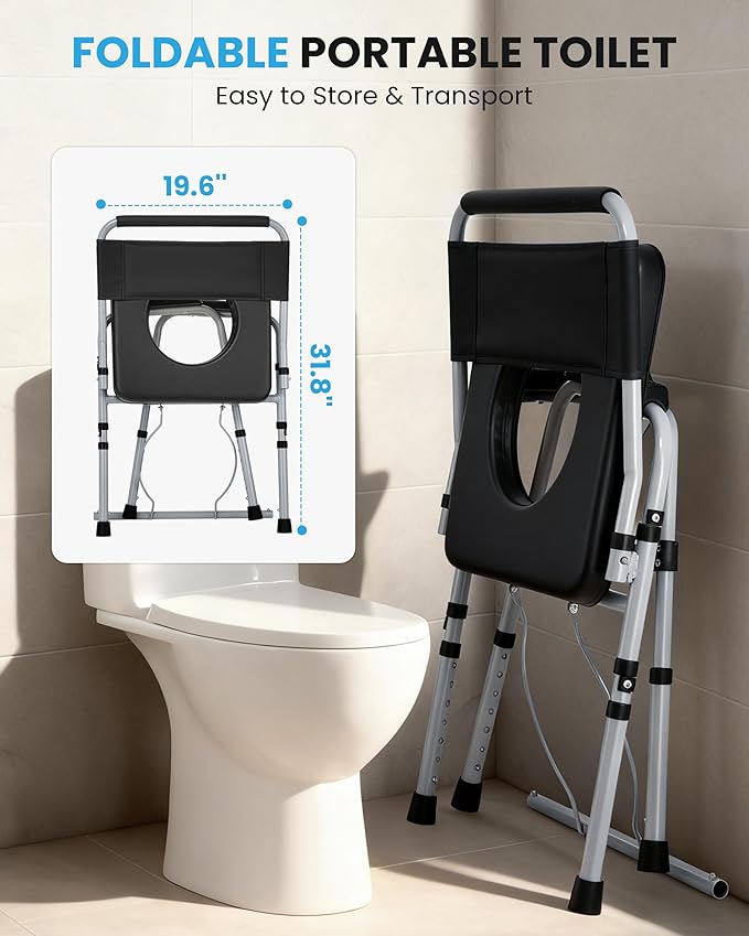 Bedside Commode, Foldable Adjustable Commode Toilet, 350 lb Capacity, Portable Bedside Toilet with Padded Seat & Backrest,bedside commodes for seniors and Mobility-Impaired Individuals