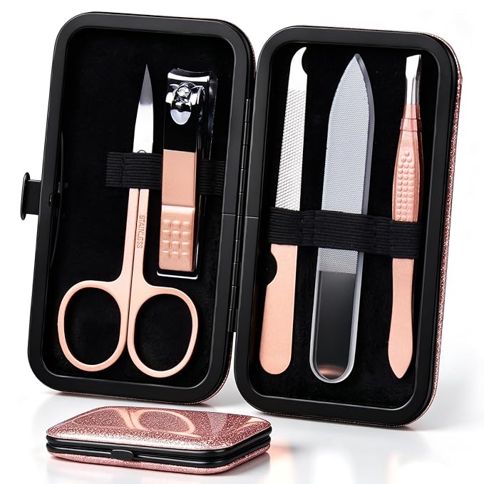 HANTEKAS Manicure Set Nail Clippers Kit 5 Pieces in 1 Stainless Steel Professional Grooming Nail Care Tools Including Nano Glass Nail Shiner Buffer File Gift for Men Husband Boyfriend Parents Women