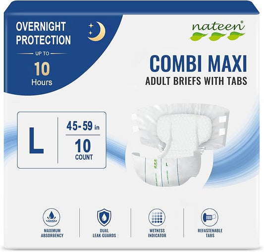 Nateen Combi Maxi Adult Diapers with Tabs for Men & Women, Maximum Absorbency Incontinence Briefs,Overnight Protection, Leakproof Disposable Adult Underwear. Large, 10Count