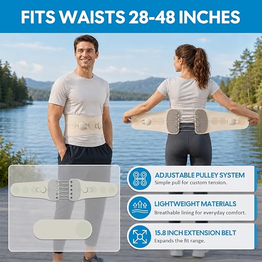 Adjustable Lumbar Support Back Brace with Dual Pulley System – Posture and Spine Support,Pelvic & Hip Support,Lower Back Belt for Daily Support, Sitting, Standing, Work & Light Lifting – Unisex，28"-48"