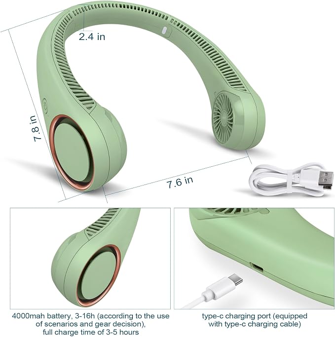 CIVPOWER Neck Fan: Portable Personal Neck Cooling Rechargeable Bladeless Fan - Hands Free 3 Speed 4000 mAh Battery USB Operated Wearable Headphone Design - Gift for Men Women Outdoor (Light Green)