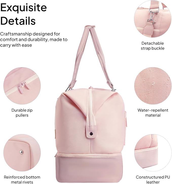 Travel Duffle Bag for Women, 40L Weekender Bags Airline Approved Carry On with Shoe Compartment & Waterproof Wet Pocket, Durable Nylon Weekender Overnight Bag for Travel, Gym, Business Trip, Pink