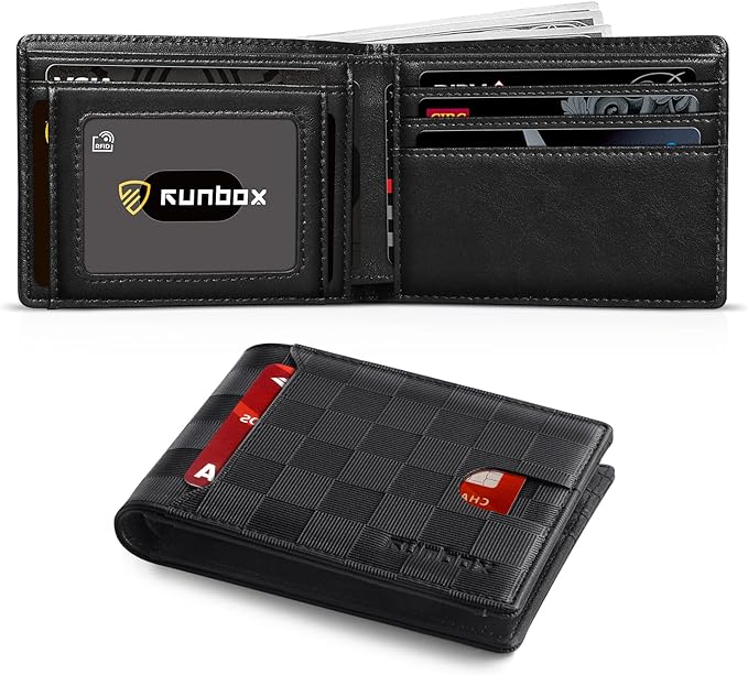 RUNBOX Wallet for Men, Slim Leather Bifold, RFID Blocking Card Holder | Minimalist Front Pocket Design, Credit Card Organizer, Holds 11 Cards, Large Capacity, Thin Profile, Birthday Gifts for Men