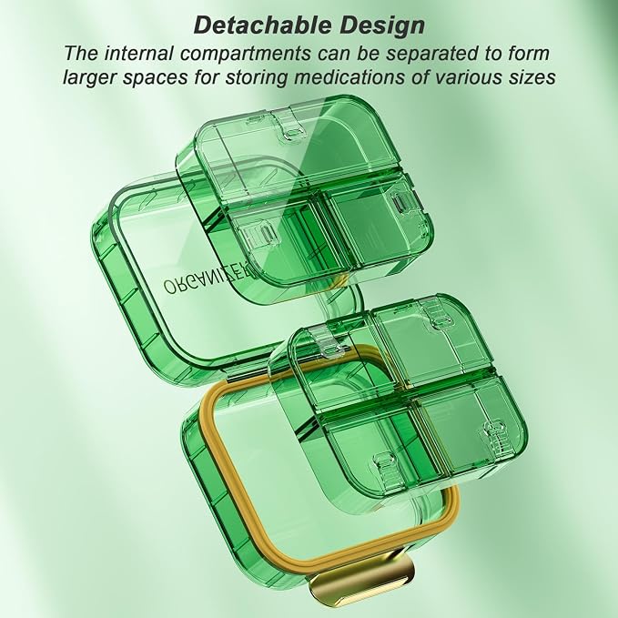 Portable Travel Pill Organizer with 7 Compartments - Perfect Weekly Pill Case Waterproof Pill Box for Daily Vitamins and Medicine, Small Pill Container for Pocket Purse (Green)