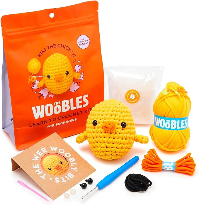 The Woobles Amigurumi Crochet Kit for Beginners (Kiki the Chick) | As seen on Shark Tank, Kit includes: Easy Peasy Yarn, pre-started piece, hook, safety eyes, stuffing, video tutorials
