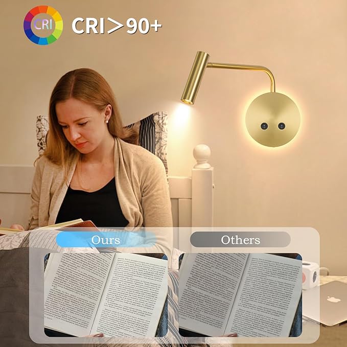 Gold Wall Mounted Reading Light, 3000K Flexible Headboard Reading Sconces with On Off Switch Control, Plug in/Hardwired Wall Light Fixtures with Night Light for Bedside Bedroom Bunk