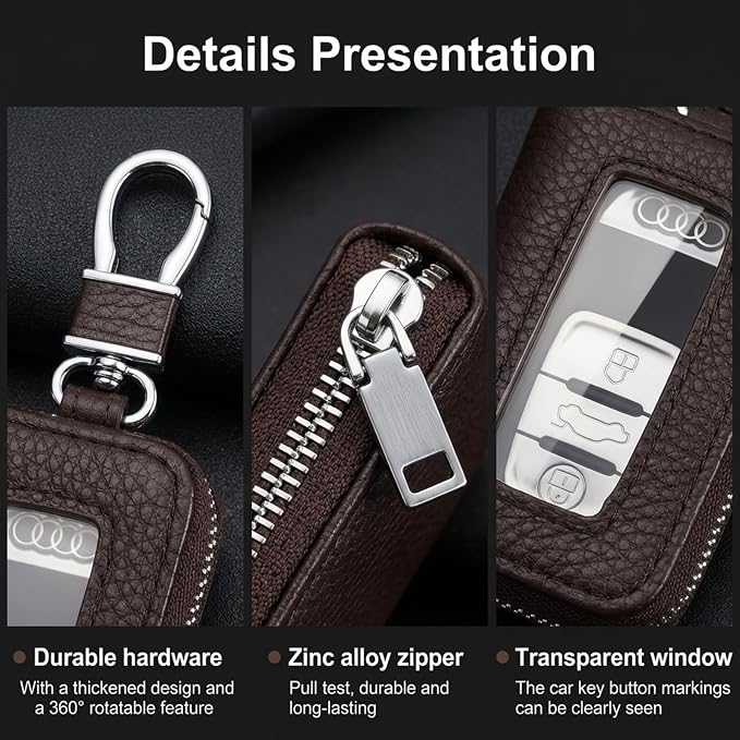 1PC Car Key Fob Case, Leather Car Key Holder for Purse, Automotive Smart Key fob Holder with Hook, for Remote Key Fob