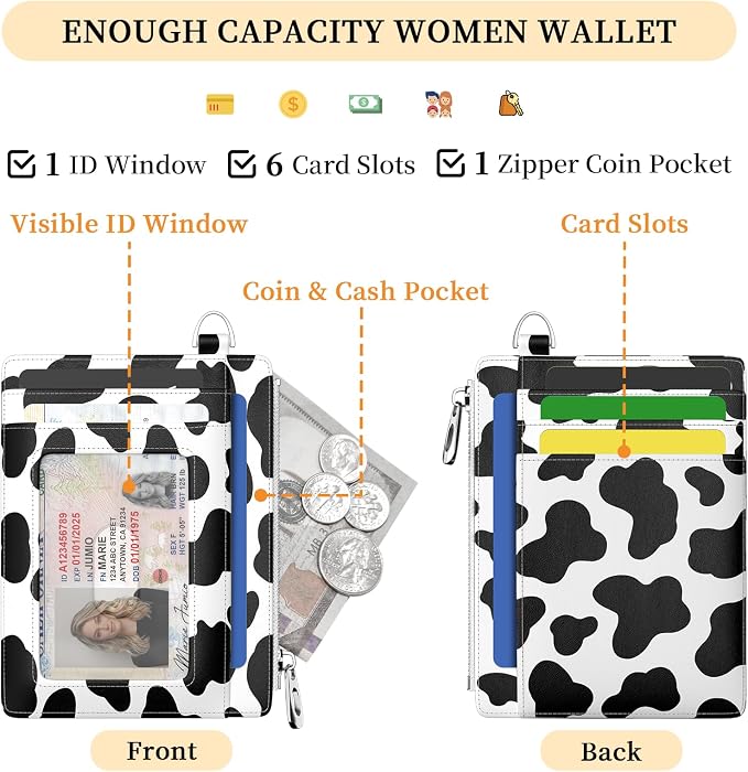Hancynir Cow Slim Wallet Women Credit Card Holder, Small RFID Cute | Zipper Pocket Wallet, Thin Travel Coin Purse, Ladies Women Gifts, Minimalist Card Case, 6 Card Slots, ID Window, PU Leather