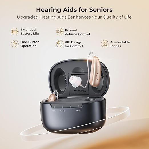 OTC Hearing Aids for Seniors - Invisible BTE Rechargeable Hearing Aids with AI Noise Canceling for Hearing Loss. Clear TV & Conversations, IP65 Waterploof, 100H Playtime, Auto On/Off