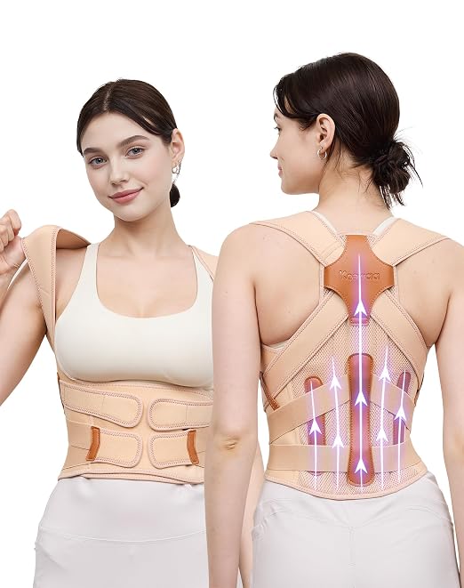 Kepwaa Posture Corrector for Women and Men, 5 Full Back Support Brace Rods, Adjustable Shoulder Straightener, Relief for Upper and Lower Back, Neck, Lumbar, Scoliosis, Hump, Beige, Medium