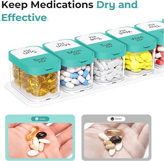 Odaro Extra Large Weekly Pill Organizer 2 Times A Day, Pill Box 7 Day Am Pm to Hold Daily Medicine Vitamin and Supplements - Cyan