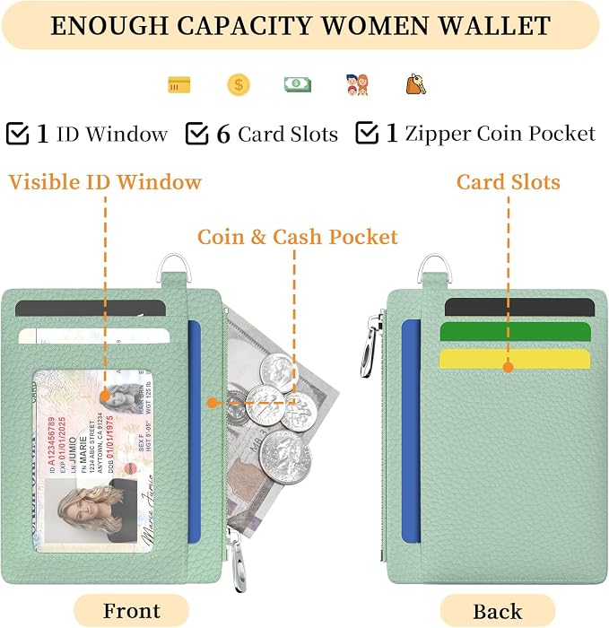 Hancynir Minimalist Small Wallet Women Credit Card Holder, RFID Slim | Zipper Pocket Wallet, Thin Travel Coin Purse, Ladies Women Gifts, Cute Card Case, 6 Card Slots, ID Window, PU Leather