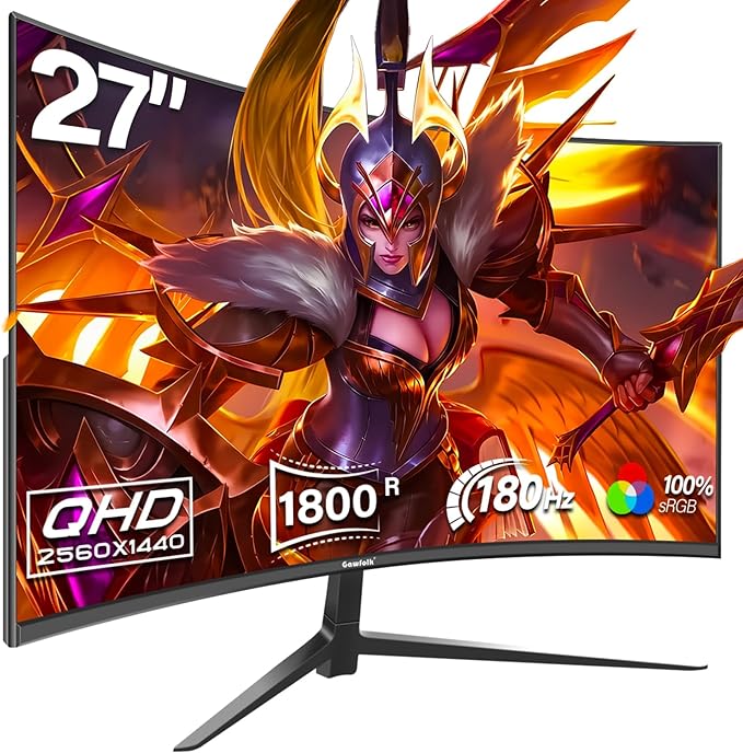 Gawfolk 27 Inch Gaming Curved Monitor, 180Hz QHD 2560x1440p PC Monitor with AMD FreeSync, Flicker-Free, HDMI 2.0, DP 1.4, Ultra-Thin Frameless 2K Computer Screen