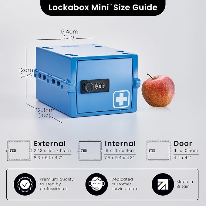 Lockabox Mini™ | Small Medicine Lock Box with Combination Lock (Half Letter Sized) | Mini Medical Lockable Box For Tablets, Creams & Medical Pens | External Size 8.8 x 6.1 x 4.7 Inches (Medi Blue)
