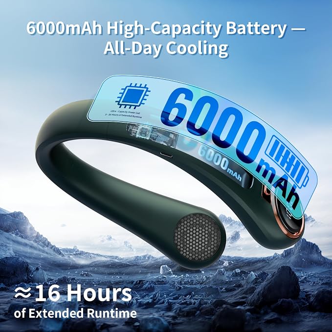 BNBZ Portable Neck Fan, 6000mAh Rechargeable Fan Blows Cold Air with LED Display, 4 Speeds, 20H Runtime, Quiet Wearable 360° Personal Cooling Fan for Outdoor Travel Work Gym-Sea Green