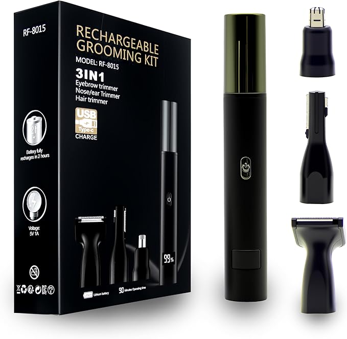 Rechargeable Ear and Nose Hair Trimmer for Men Women, Professional Hypoallergenic 3IN1 Eyebrow & Facial Hair Trimmer, Gentle Dual Blades, USB-Type C Fast Charge, Portable with Detachable Head