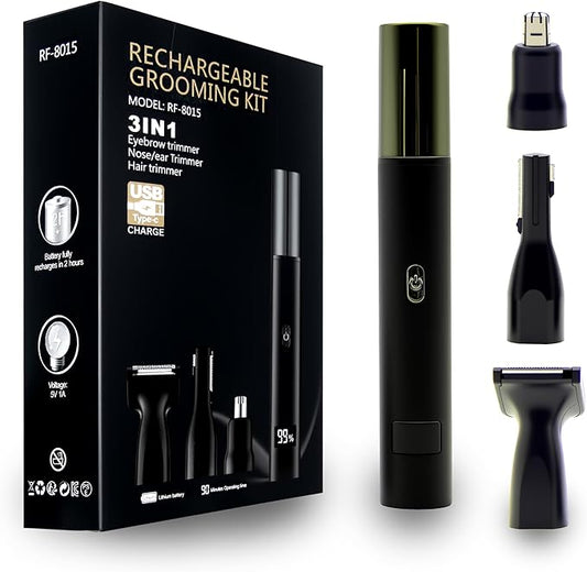 Rechargeable Ear and Nose Hair Trimmer for Men Women, Professional Hypoallergenic 3IN1 Eyebrow & Facial Hair Trimmer, Gentle Dual Blades, USB-Type C Fast Charge, Portable with Detachable Head