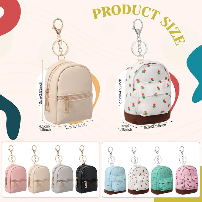Hsei 8 Pcs Mini Backpack Keychain Coin Purse Tiny Key Chain Cute Cosmetic Bag Small Wallets Mini Valentines Gifts for Women Multi Pocket Card Holder Small Items Cable Organizer Zipper Pouch