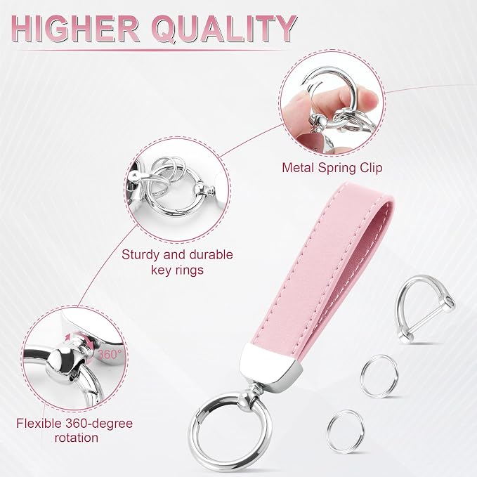 JUSTTOP Leather Keychain, Car Key Chain with Anti-Lost D-Ring and 2 Key Ring, Keychain Wristlet, Car Accessories, Universal Keychain for Men and Women (Pink)