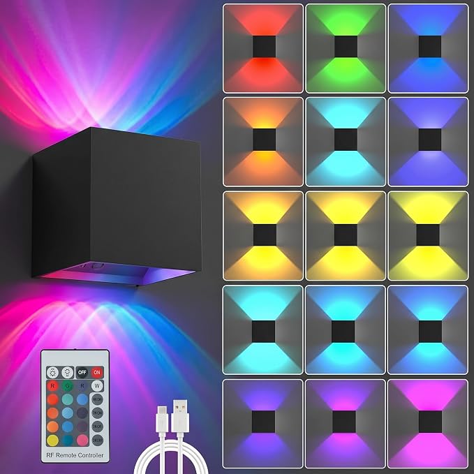 LED Wall Lights for Room Decor, 16 Colors RGB Wall Lamp, Battery Operated Wall Sconce 6000mAh, Rechargeable, Remote Control, Dimmable, Cordless Wall Light for Bedroom Living Room, Black