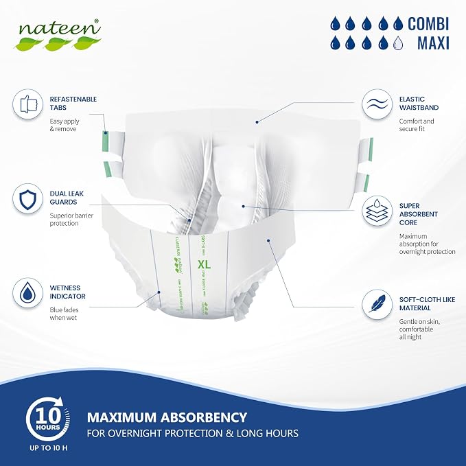 Nateen Combi Maxi Adult Diapers with Tabs for Men & Women, Maximum Absorbency Incontinence Briefs,Overnight Protection, Leakproof Disposable Adult Underwear. Large, 80Count