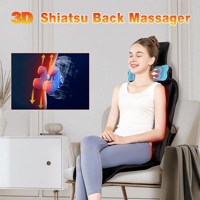 Shiatsu Back Massager with Heat, Massage Chair Pad for Full Back, Chair Massager with Neck Support Suitable for Office/Home,Gift for Father/Mother/Christmas