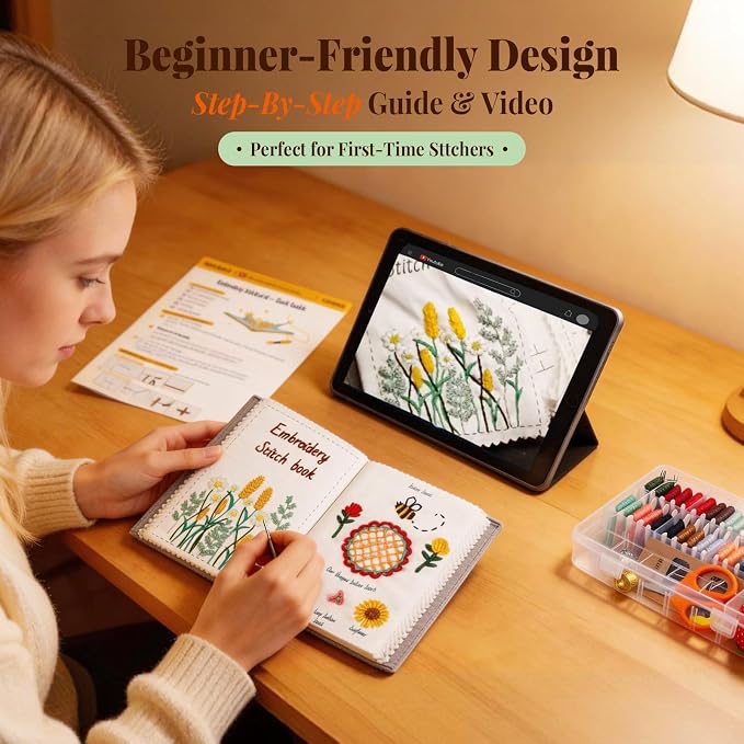 CYANFOUR 2026 New Embroidery Stitch Book Kit for Adults Beginners, Cross Stitch Kit with Step-by-Step Guide and Video, Threads and Needles, Portable Crafts Gift for Adults