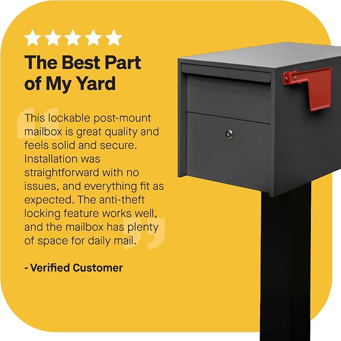 Adoorn Lockable Post Mount Mailboxes for Outside - Small Anti-Theft Locking Mailbox for Packages and Letters - Weatherproof Construction - Durable Steel - 12" H x 12" W x 18.5" D - Black