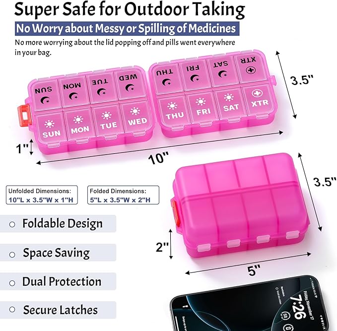 Foldable Weekly Pill Organizer 2 Times a Day with 2 Extra Compartments (Clear Printed Labels) - 7 Day AM PM Medicine Box, Week Daily Travel Pill Case Holder for Vitamin, Supplement - Clear Pink