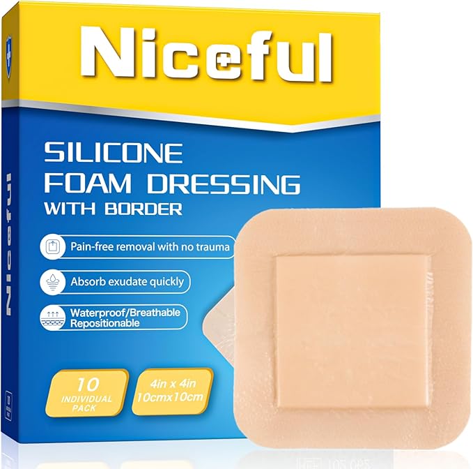 Silicone Foam Dressing 4"x4"(10 PCS), Waterproof Silicone Large Bandages for Wound with Border Adhesive, High Absorbency Bed Sore Bandages Wound Care Dressing (2.5"X2.5" Pad)