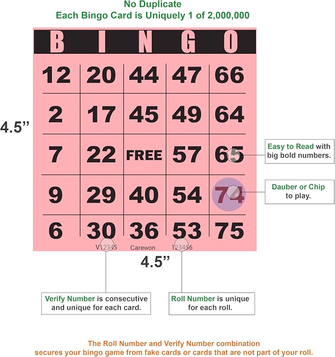250 Bingo Cards, Large 4.5 x 4.5 Inch, Pink, Paper Bingo Sheets | 8 Color Options, Premium Cardstock, Disposable with Daubers or Reusable with Chips — Proudly Made in USA