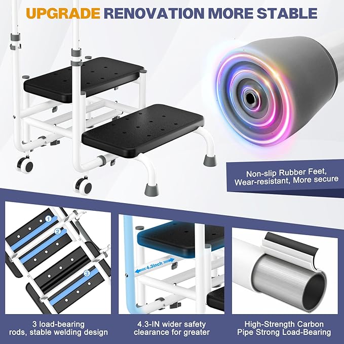 2 Step Stool with Handle for Elderly, 2 Lockable Wheel - Bed Steps for High Beds for Adults, 4.3 in Widened Spacing, 5 Level Adjustable Handrail, Foot Stool, for Bedside, Kitchen, RV, Bathtub