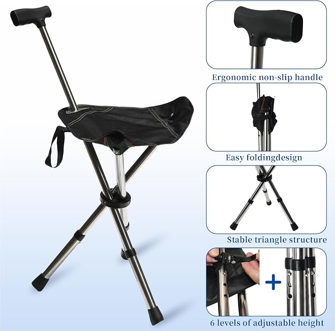 FATTCHIAR Cane with Seat, Walking Stick with Seats, Cane Chair Capacity 330lbs, Adjustable Height Folding Lightweight Portable Stool for Adults Seniors Hiking Camping