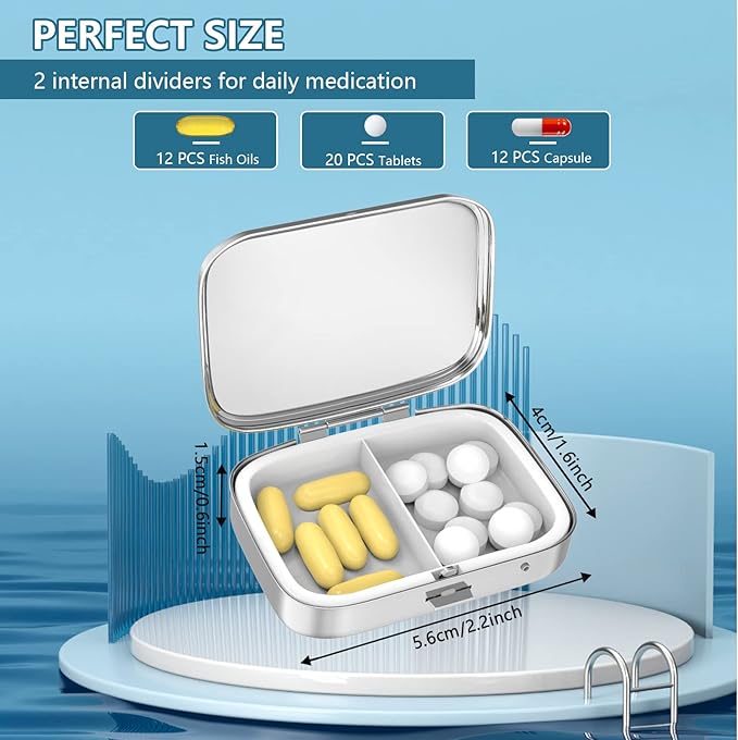 Pill Box 2 Compartment Small Pill Case,Portable for Pocket or Purse Pill Organizer Pill Container Holder to Hold Vitamins, Medication, Fish Oil and Supplements(2PCS)
