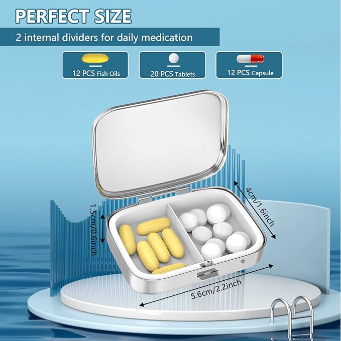 Pill Box 2 Compartment Small Pill Case,Portable for Pocket or Purse Pill Organizer Pill Container Holder to Hold Vitamins, Medication, Fish Oil and Supplements(2PCS)