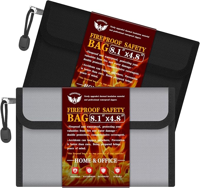Small Money Bag (8.1“ × 4.8”)，Zippered Fireproof Waterproof Document Bag， Safe Fireproof Document Box，Small Fireproof Money for Cash, Currency, Keys, and Passports (2-Pack)