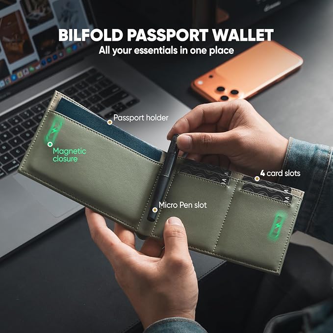 VULKIT Bilfold Passport Holder Leather RFID Blocking Passport Wallet with Hidden Pocket Slim Travel Documents Organizer for Men or Women (Passport, Card, Cash, Coin, SIM Card, Ticket)