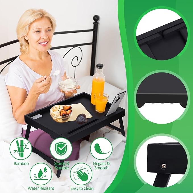 Artmeer X-Large Bamboo Bed Tray with Device Slot and Folding Legs, Black | X-large FSC-certified bamboo bed tray with device slot, folding legs and extra space for meals, laptops and reading in bed.