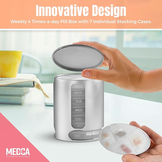 Stackable Daily Pill Organizers - (Pack of 2) Weekly Medication Reminder with 7 Individual Stacking Cases - AM/PM Pill Boxs with 4 Times a Day, a Everyday Medicine Organizer, Silver