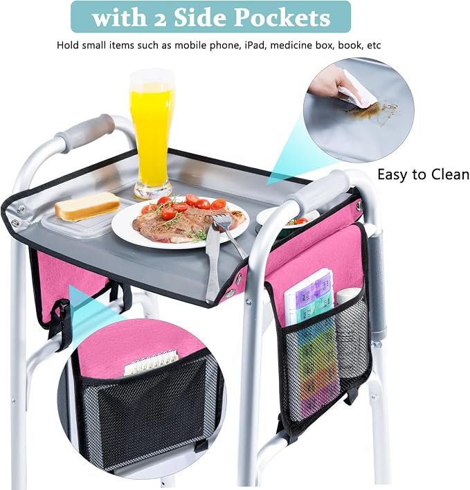 BAGSFY Walker Tray with Cup Holder & Side Pocket – Hard Top Walker Table for Seniors – Folding Walker Accessory for Meals, Reading, Drinks – Non-Slip Surface, Tool-Free Install, Universal Fit