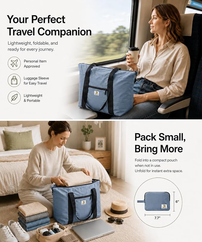 Foldable Travel Bag, 26L Lightweight Weekender Duffel, Expandable Second Carry-On Bag for Travel & Shopping, Water-Resistant Personal Item Bag, Mist Blue