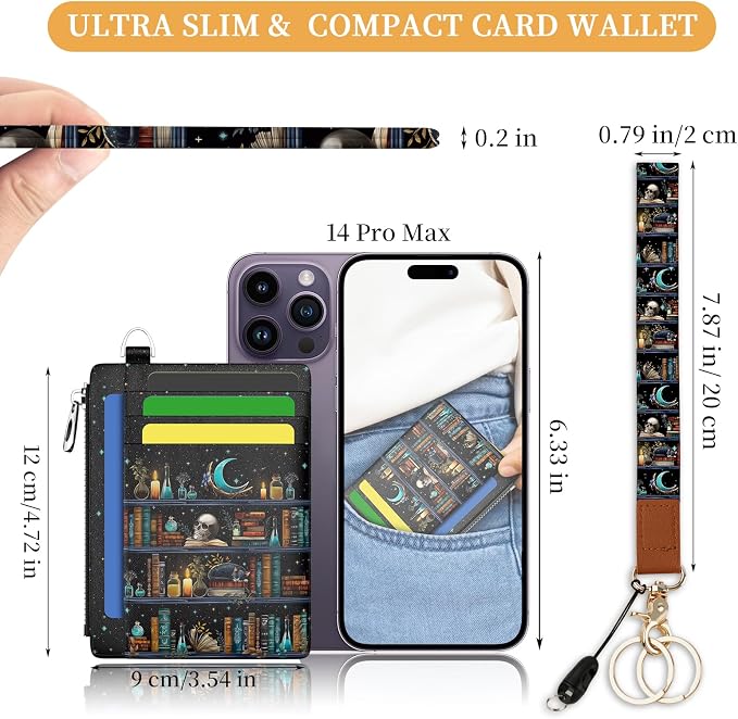 Hancynir Goth Book Skull Slim Wallet Women Credit Card Holder Wristlet RFID | Gothic Keychain Lanyard Wallet, Travel Zipper Coin Pocket, Ladies Gifts Women, Minimalist Card Case, 6 Card Slot, PU Leather