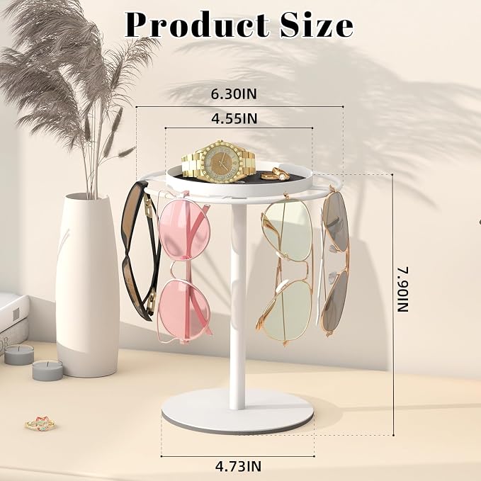 LSK Metal Sunglass Organizer, Glasses Holder Stand with Storage Tray, White | Sunglass Holder with Non-Slip Pad for Nightstand, Tabletop, Desk, Dresser, Hanging Up to 9 Pairs Sunlasses/Reading Glasses